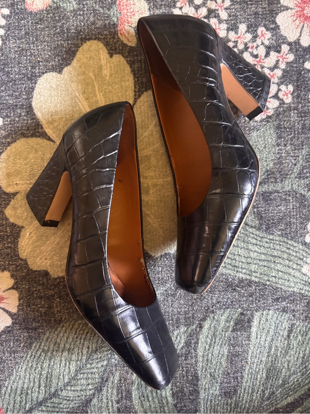 Franco Sarto Classic Croc-Embossed Black Block Heel Pumps
